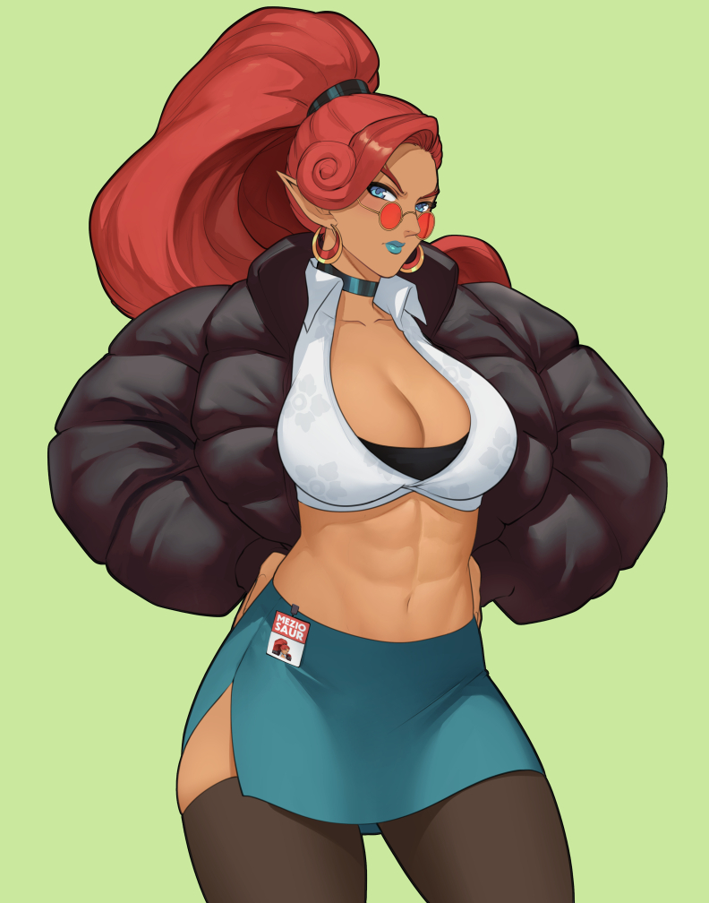 1girl, abs, black_bra, black_choker, black_coat, blue_eyes, blue_lips, blush