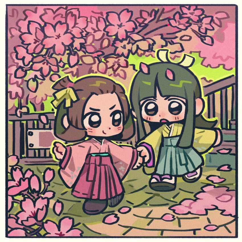 2girls, absurdres, ace_attorney, black_hair, blunt_bangs, blush, border, brown_eyes, brown_hair, cherry_blossoms, chibi, falling_petals, full_body, hakama, hakama_skirt, highres, holding_hands, japanese_clothes, kimono, looking_at_another, mikyo_u, multiple_girls, open_mouth, outdoors, outstretched_arms, petals, pink_kimono, rei_membami, ribbon, sandals, skirt, smile, susato_mikotoba, the_great_ace_attorney, tree, white_border, yellow_kimono, yellow_ribbon, zouri