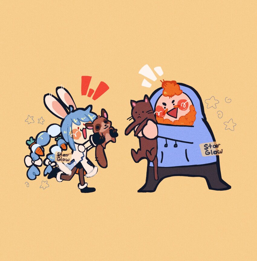 1boy, 1girl, :3, animal, animal_ears, beard, blue_hair, blue_hoodie, bow, braid, brown_pantyhose, carrot_hair_ornament, caseoh, cat, commentary, dress, facial_hair, food-themed_hair_ornament, hair_bow, hair_ornament, highres, holding, holding_animal, holding_cat, hololive, hood, hoodie, jiru-kun_(usada_pekora), multicolored_hair, orange_hair, pantyhose, rabbit_ears, rabbit_tail, real_life, red_eyes, signature, standing, standing_on_one_leg, star_(symbol), starglow, tail, triangle_mouth, twin_braids, two-tone_hair, usada_pekora, v-shaped_eyebrows, virtual_youtuber, watermark, white_dress
