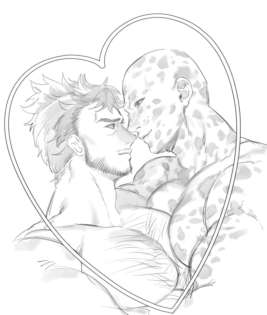 2boys, bald, bara, beard, chest_hair, closed_mouth, collarbone, commentary_request