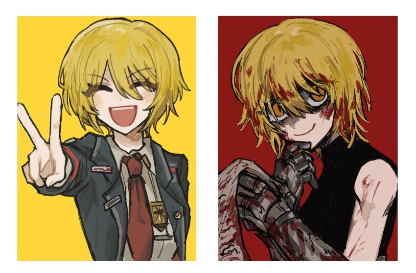 2girls, badge, black_shirt, blonde_hair, blood, blood_in_hair, blood_on_clothes, closed_eyes, closed_mouth, collared_shirt, don_quixote_(project_moon), gauntlets, holding, holding_scroll, limbus_company, multiple_girls, multiple_persona, n_corp._fanatic_(identity)_(project_moon), necktie, open_mouth, project_moon, red_necktie, scroll, shirt, short_hair, sleeveless, sleeveless_shirt, slugrab, smile, white_shirt, yellow_eyes