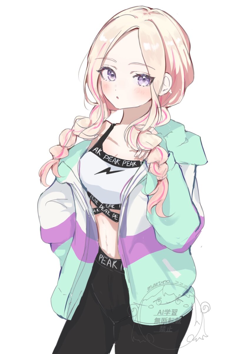 :o, black_leggings, blonde_hair, blush, borrowed_clothes, borrowed_hairstyle, braid, breasts