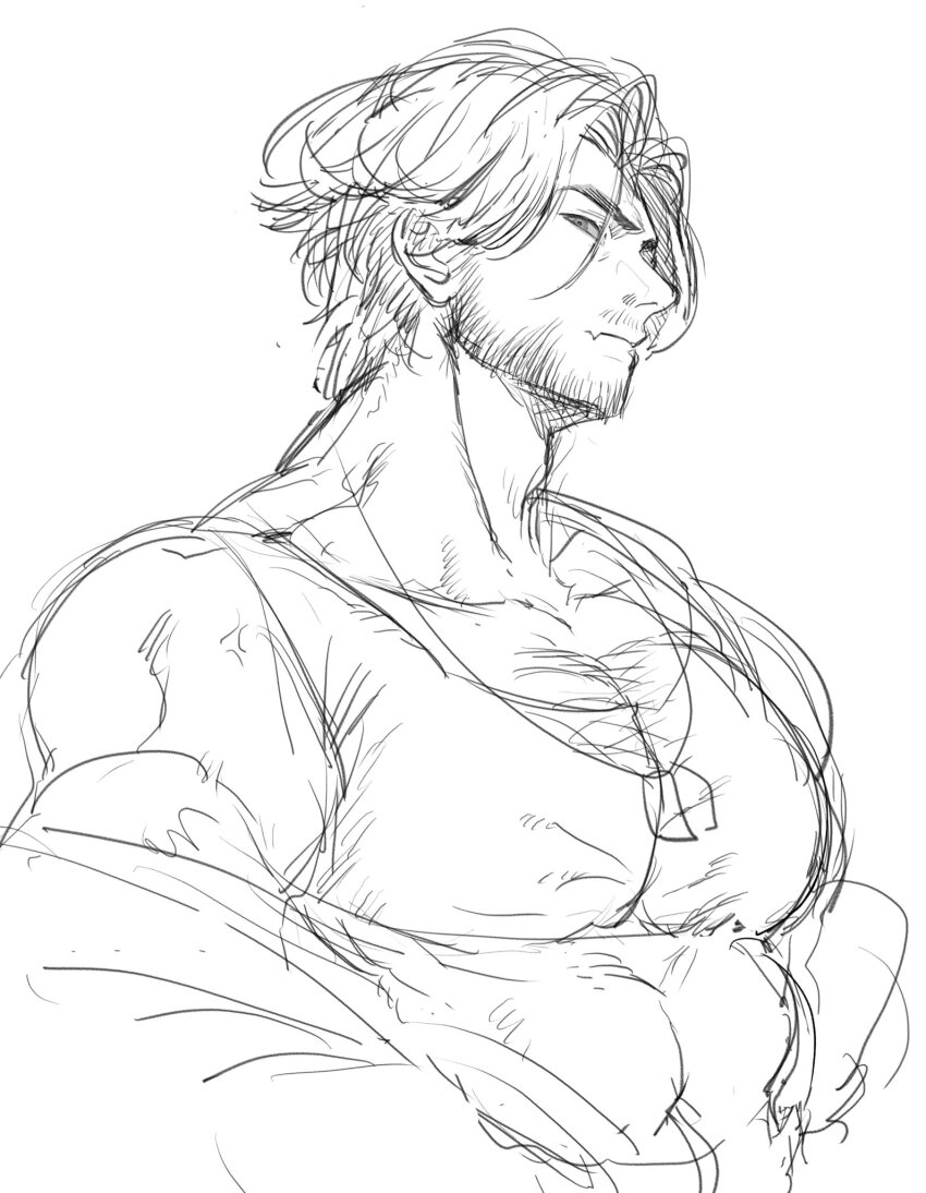 1boy, abs, bara, chest_hair, closed_mouth, collarbone, dog_tags, facial_hair