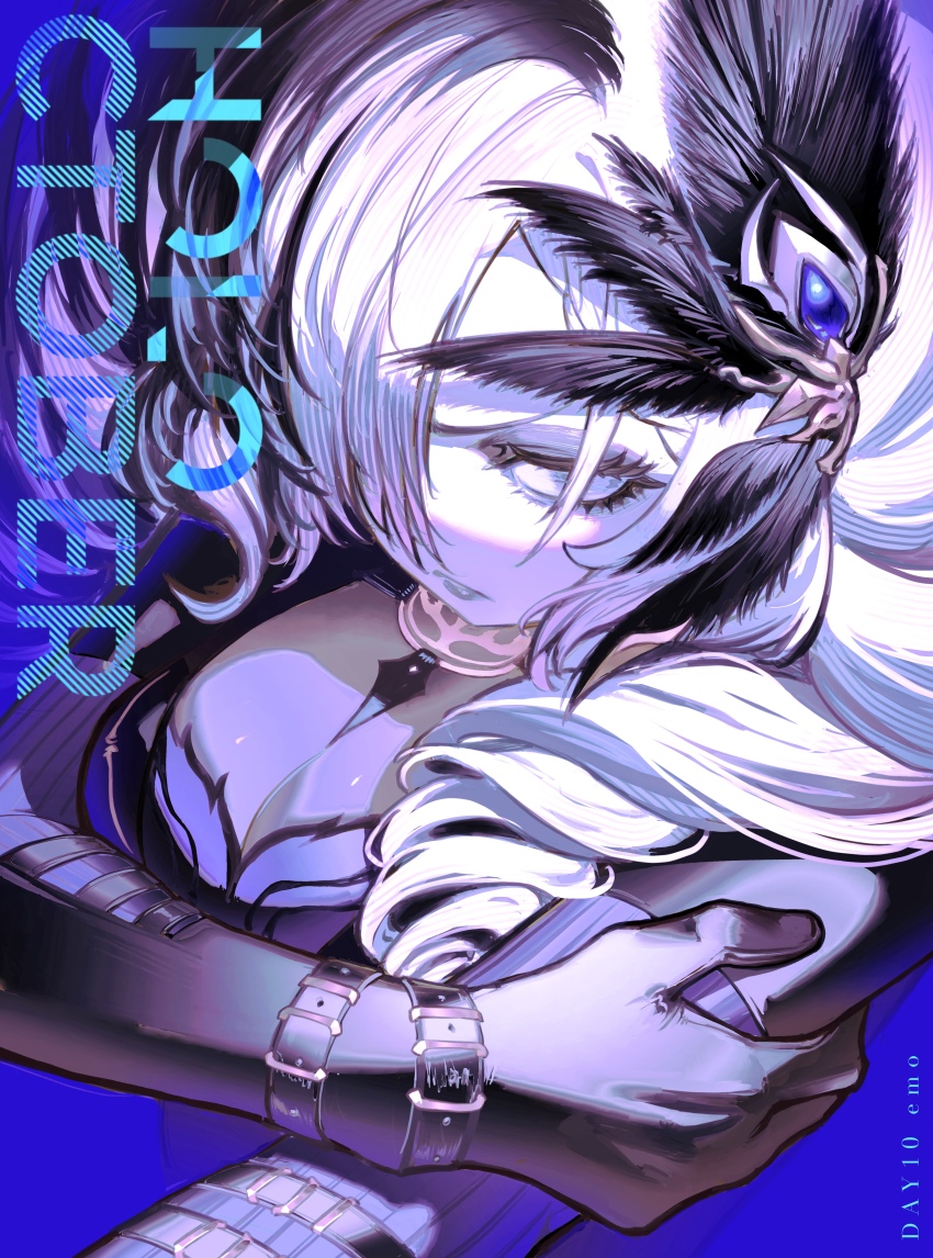 1girl, absurdres, angry, black_hair, breasts, cleavage, commentary, empty_eyes