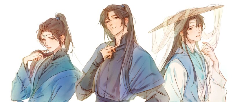 3boys, absurdres, adjusting_clothes, blue_hairband, blue_hanfu, brown_hair, chinese_clothes, circlet