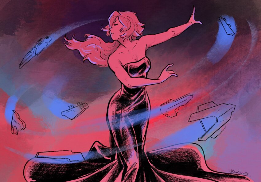 1girl, bit_(gundam), black_dress, closed_eyes, dancing, dress, gundam, gundam_suisei_no_majo