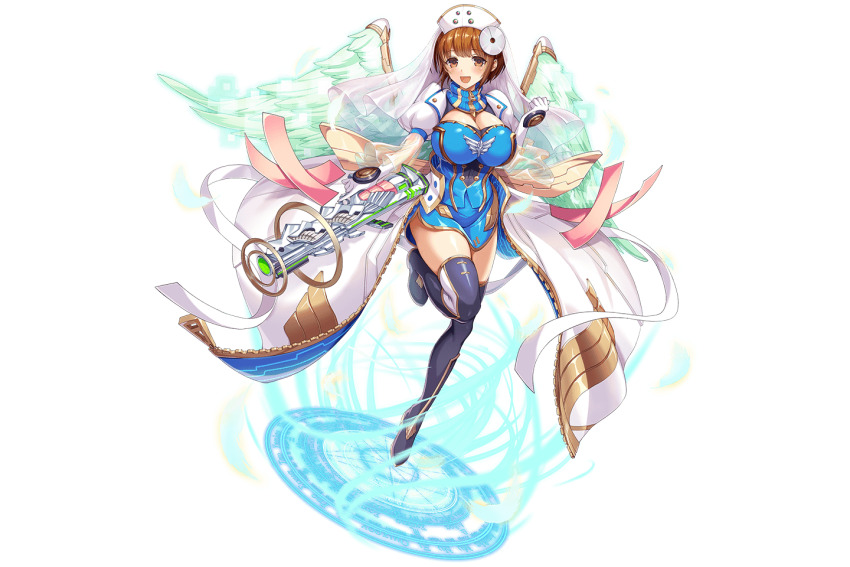 1girl, artist_request, blue_dress, breasts, brown_eyes, brown_hair, dress, hat, kamihime_project, large_breasts, nike_(kamihime_project), nurse_cap, open_mouth, solo, wings