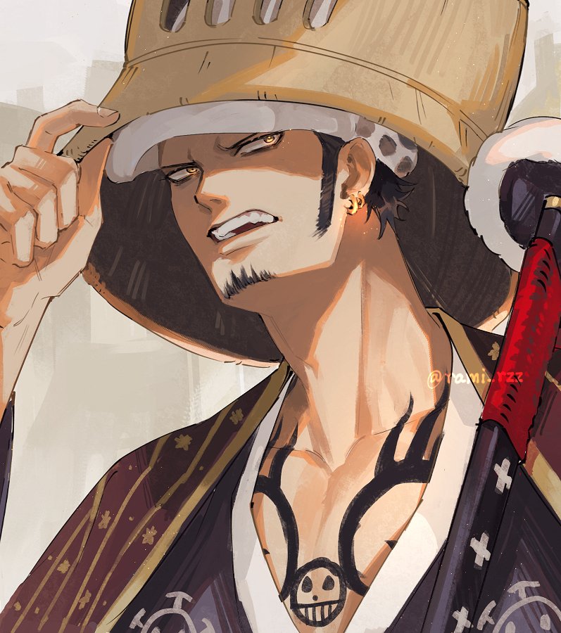 1boy, black_hair, black_kimono, chest_tattoo, earrings, facial_hair, goatee, haori