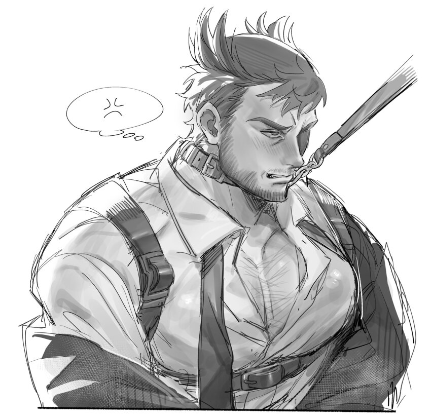 1boy, anger_vein, bara, beard, blush, chest_hair, chest_harness, clenched_teeth