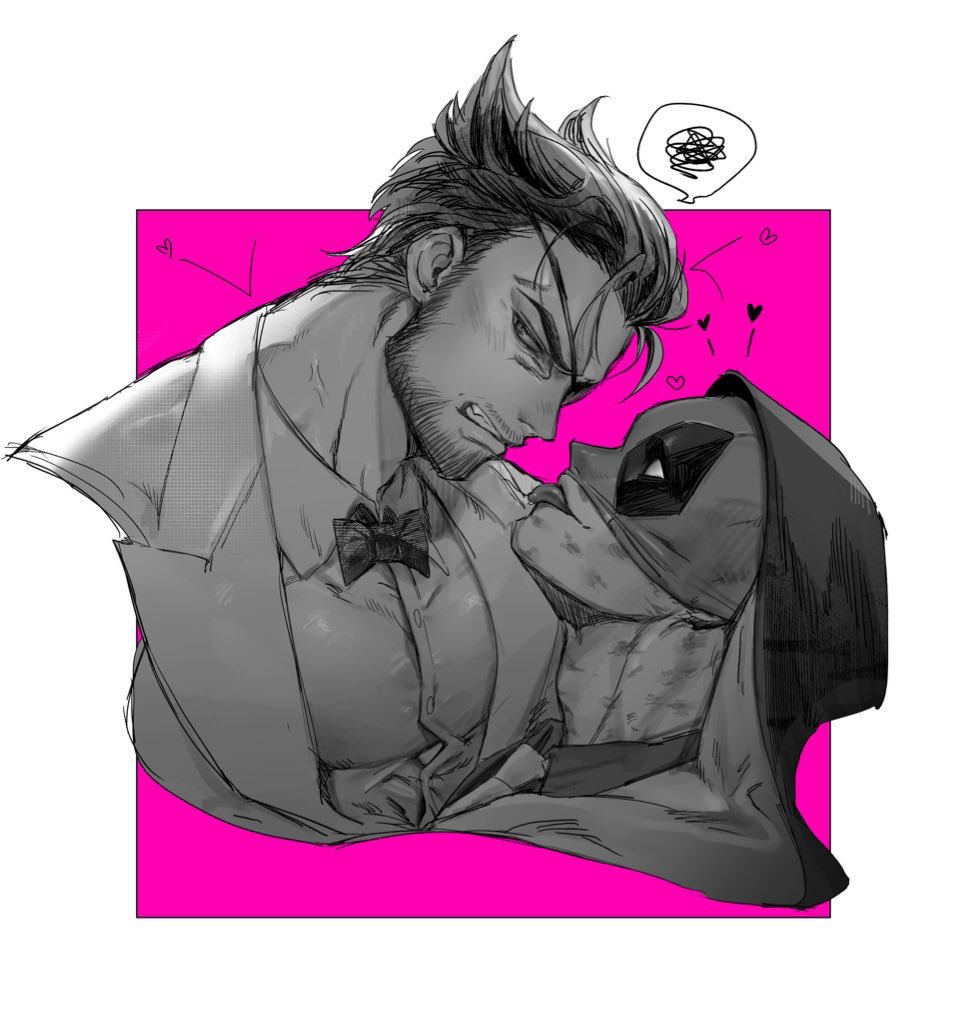 2boys, bara, beard, blush, bow, bowtie, clenched_teeth, commentary_request