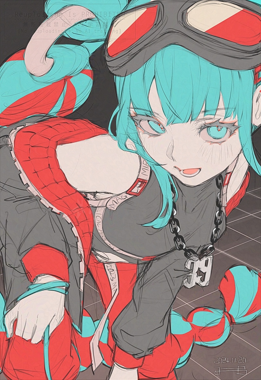 1girl, 39, aqua_eyes, aqua_hair, bare_shoulders, black_jacket, blunt_bangs, chain