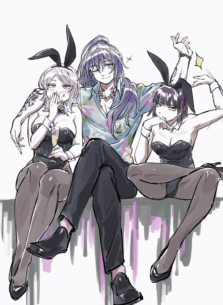 1boy, 2girls, animal_ears, black_footwear, black_leotard, black_pants, blue_hair, brown_pantyhose, chain, chain_necklace, champagne_flute, cup, detached_collar, drinking_glass, faust_(project_moon), full_body, highres, holding, holding_cup, hong_lu_(project_moon), jewelry, keisotu_kuruu, leotard, limbus_company, long_hair, multiple_girls, necklace, one_eye_closed, pants, pantyhose, playboy_bunny, ponytail, project_moon, rabbit_ears, ryoshu_(project_moon), sitting, slapping, strapless, strapless_leotard, tingtang_gang_(identity)_(project_moon), very_long_hair, wrist_cuffs