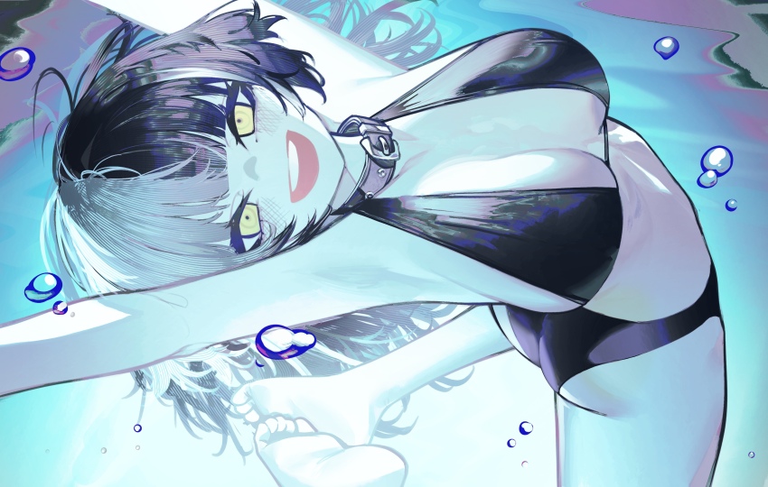 1girl, :d, absurdres, alternate_costume, ass, barefoot, belt_collar, bikini