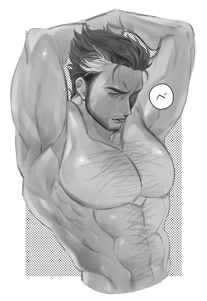1boy, abs, armpits, arms_up, bara, beard, chest_hair, commentary_request
