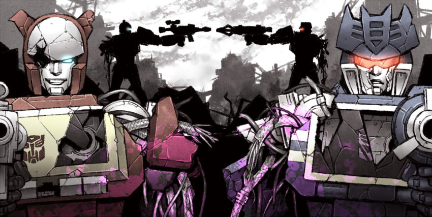 1980s_(style), autobot, battle, blaster, blaster_(transformers), city, damaged, decepticon, epic, gun, injury, mecha, no_humans, non-humanoid_robot, oldschool, realistic, retro_artstyle, rifle, robot, ruins, science_fiction, soundwave_(transformers), transformers, weapon, yorozu