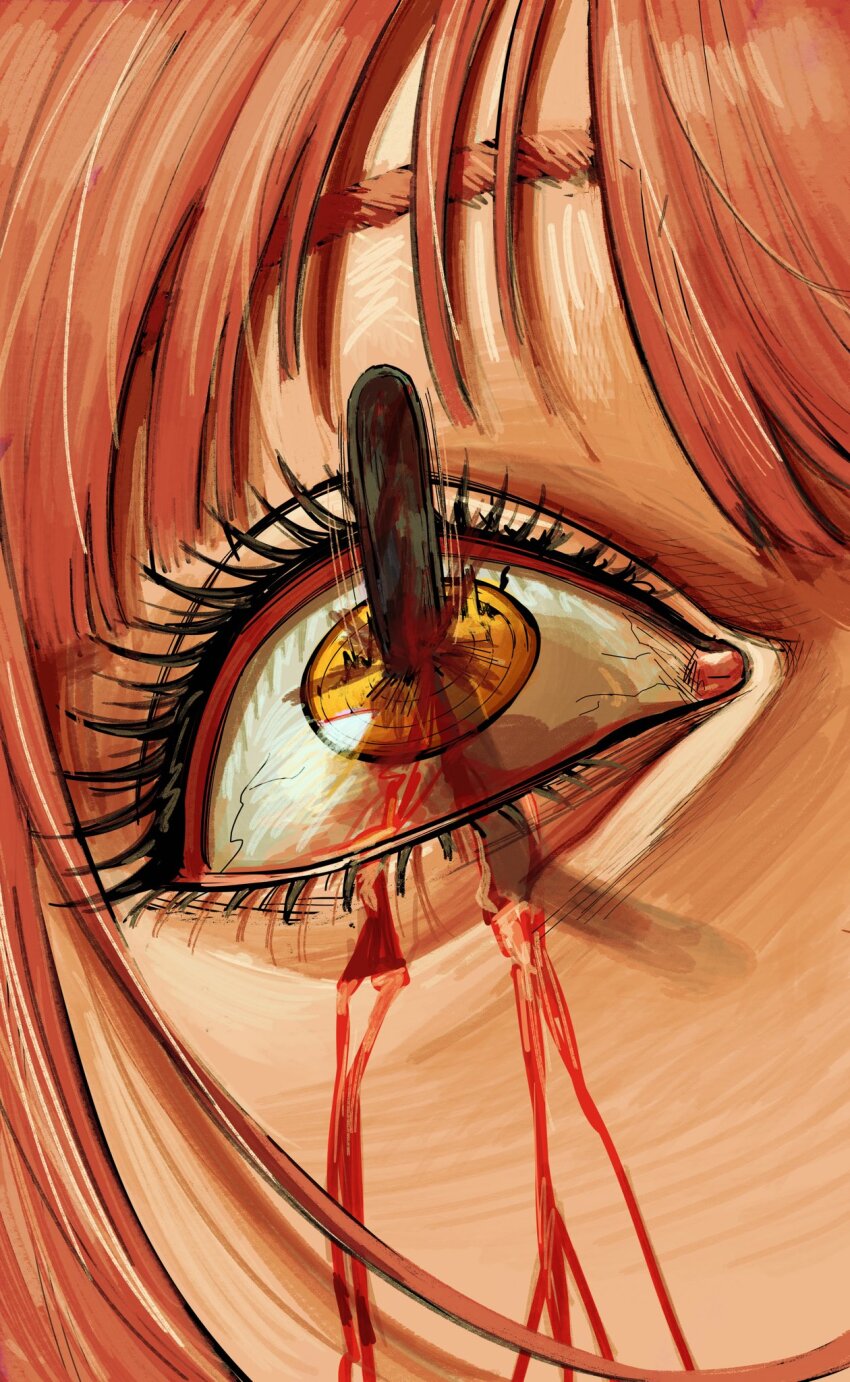 1girl, blood, blood_spray, bloody_tears, chainsaw, chainsaw_man, close-up, drugsandsocks