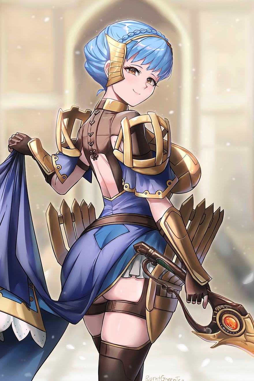 1girl, armor, ass, blue_hair, blutgang_(fire_emblem), braid, breasts, brown_eyes, burnt_green_tea, crown_braid, fire_emblem, fire_emblem:_three_houses, fire_emblem_heroes, highres, holding, holding_sword, holding_weapon, large_breasts, marianne_von_edmund, marianne_von_edmund_(cursed_blessing), marianne_von_edmund_(timeskip), nintendo, official_alternate_costume, solo, sword, underbutt, weapon