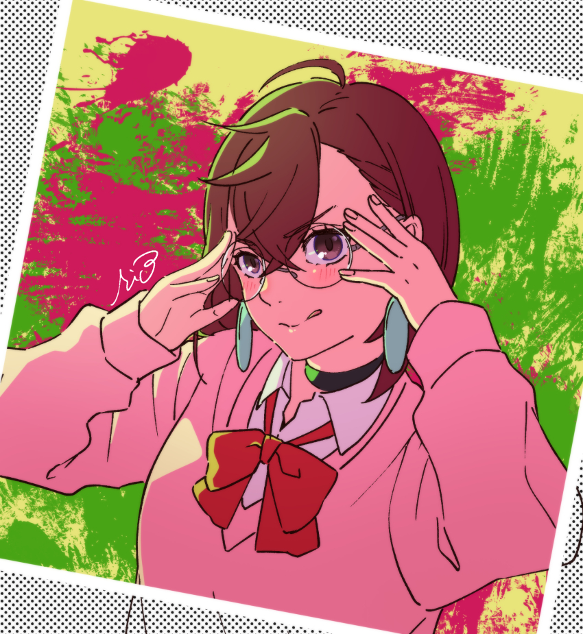 1girl, :q, adjusting_eyewear, artist_name, ayase_momo, black_choker, blush, bow