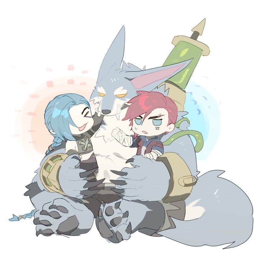 1boy, 2girls, arcane:_league_of_legends, arcane_jinx, arcane_vi, asymmetrical_hair, bandages, blue_hair