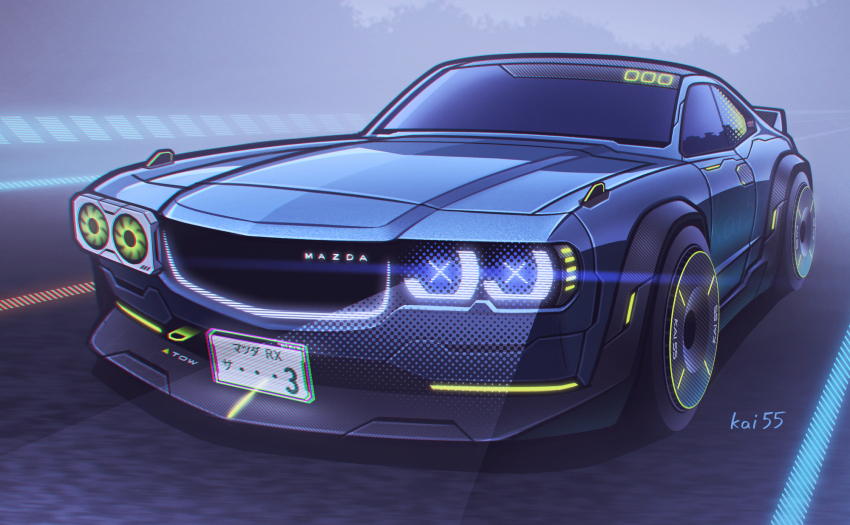 artist_name, blue_car, car, glowing, headlight_beam, highres, hologram, kai55
