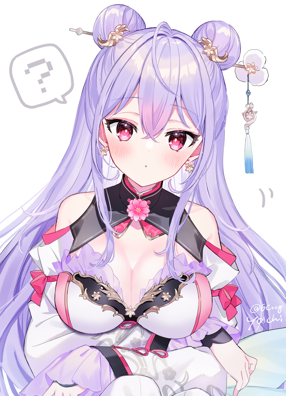 6crcg, ?, ahoge, arms_under_breasts, bare_shoulders, blush, breasts, chinese_clothes