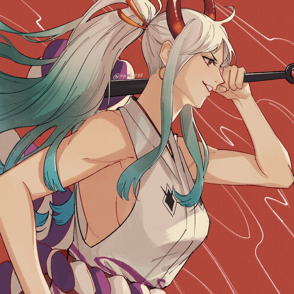 1girl, aqua_hair, breasts, club_(weapon), earrings, holding, holding_weapon, hoop_earrings, horns, japanese_clothes, jewelry, kimono, long_hair, multicolored_hair, one_piece, parted_lips, ponytail, rami_rz, red_background, rope, shimenawa, sideboob, sleeveless, sleeveless_kimono, solo, upper_body, weapon, white_hair, white_kimono, yamato_(one_piece)