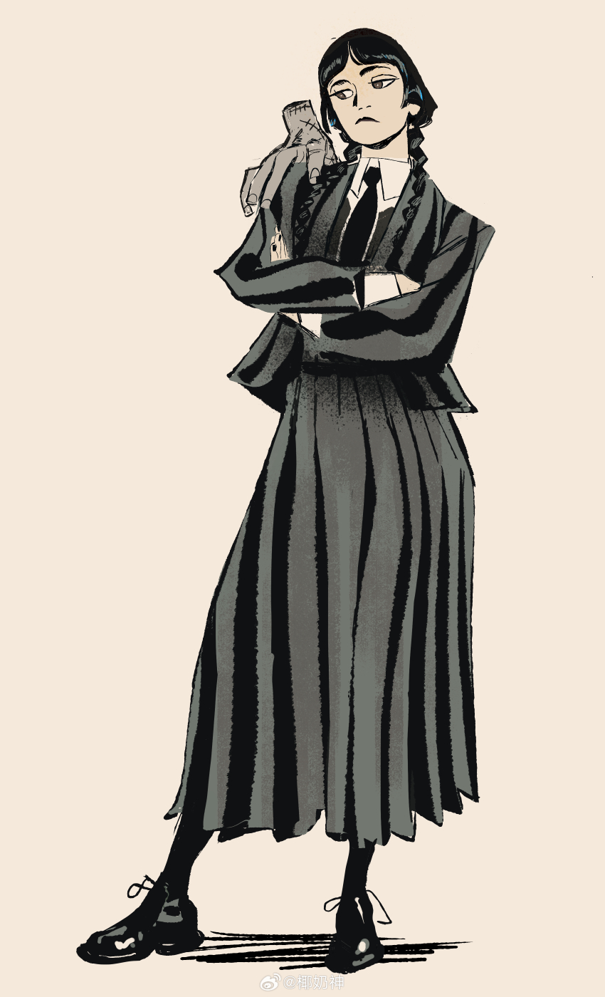 1girl, absurdres, the_addams_family, black_footwear, black_hair, black_lips, black_necktie, black_pantyhose