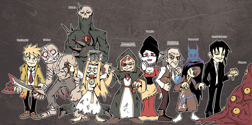 2others, 3girls, 5boys, arms_up, axe, bags_under_eyes, bald, balding, bandaged_arm, bandaged_chest, bandaged_head, bandages, black_background, black_capelet, black_corset, black_eyes, black_hair, black_pants, black_suit, black_tunic, blonde_hair, blood, blood_on_axe, blood_on_clothes, blood_on_hands, bloody_weapon, body_horror, book, brown_eyes, brown_footwear, brown_pants, brown_socks, brown_tunic, brown_vest, burn_scar, candle_on_head, capelet, character_name, collared_shirt, colored_skin, commentary, constricted_pupils, corset, crazy_eyes, dagger, doll, dress, english_commentary, exposed_bone, eyeball, facial_hair, fingernails, flesh, formal_clothes, full_body, ghost, goatee_stubble, grey_hair, grey_skin, hand_on_own_chin, head_tilt, highres, holding, holding_axe, holding_book, holding_dagger, holding_doll, holding_knife, holding_machete, holding_pocket_watch, holding_weapon, hood, hooded_capelet, hooded_tunic, horror_(theme), jewelry, knife, long_hair, long_sleeves, looking_at_viewer, mixed-language_commentary, multiple_boys, multiple_girls, multiple_others, mutation, necklace, necktie, old, old_man, open_mouth, original, outstretched_arms, pale_skin, pants, pocket_watch, pointy_ears, possessed, red_dress, red_eyes, red_necktie, scar, scar_on_face, setz, sharp_fingernails, shirt, shoes, short_hair, socks, spikes, stubble, suit, thick_eyebrows, topless_male, torn_clothes, torn_pants, tunic, vampire, very_long_hair, vest, watch, weapon, white_dress, white_shirt, white_socks, wide-eyed