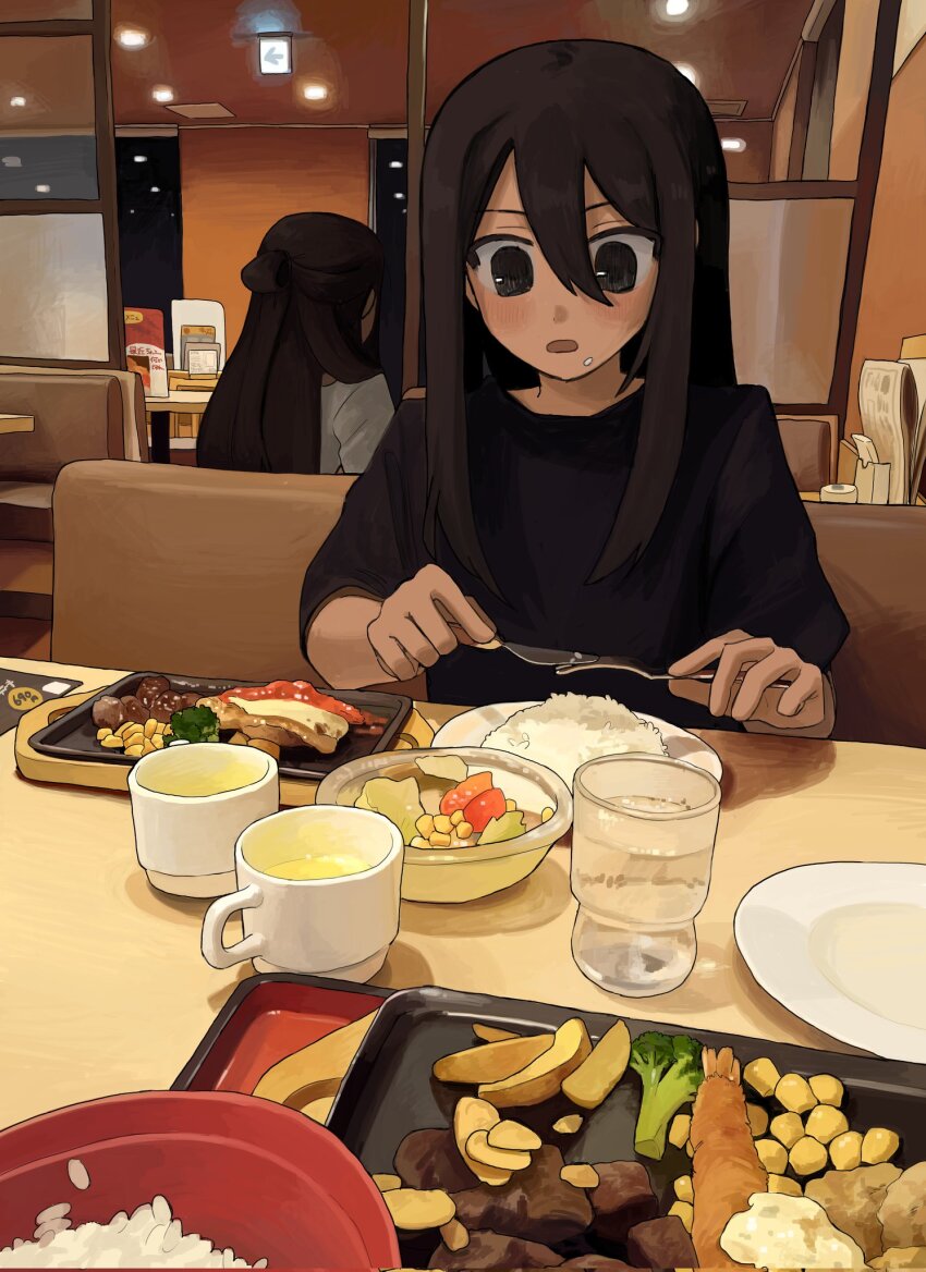 2girls, black_eyes, black_hair, black_shirt, booth_seating, bowl, broccoli, corn, cup, drinking_glass, food, food_on_face, fork, highres, holding, holding_fork, holding_knife, knife, long_hair, meat, multiple_girls, obon_(ensoku_300en), original, plate, potato_wedges, restaurant, rice, shirt, shrimp, shrimp_tempura, tempura, water, window