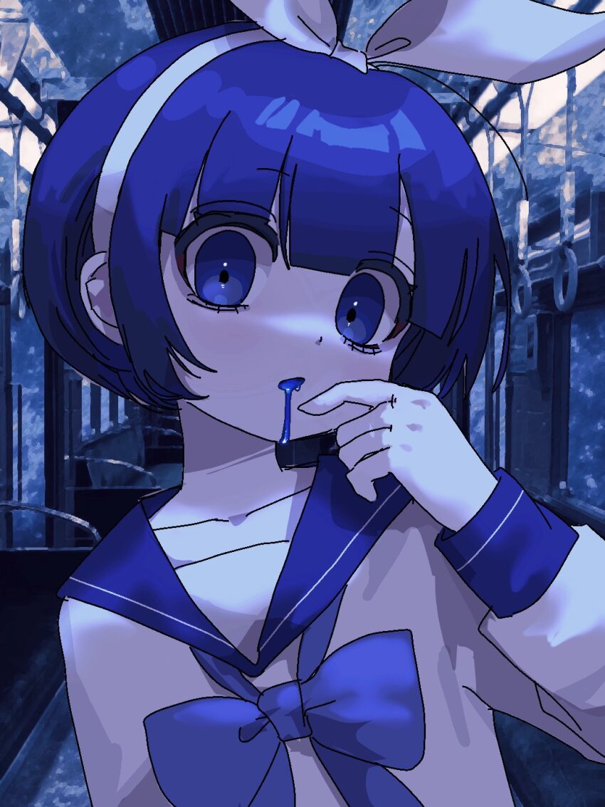 1girl, blue_bow, blue_bowtie, blue_eyes, blue_hair, blue_sailor_collar, blue_theme, bow