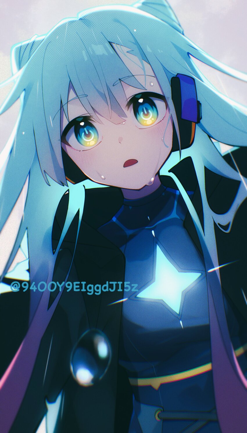 1girl, absurdres, behind-the-head_headphones, black_jacket, blue_eyes, blue_hair, cone_hair_bun, gradient_hair, hair_bun, headphones, highres, jacket, long_hair, looking_at_viewer, monster_strike, multicolored_hair, neo_(monster_strike), open_mouth, pink_hair, power_symbol-shaped_pupils, solo, sweatdrop, symbol-shaped_pupils, yoshi_(94ooy9eiggdji5z)