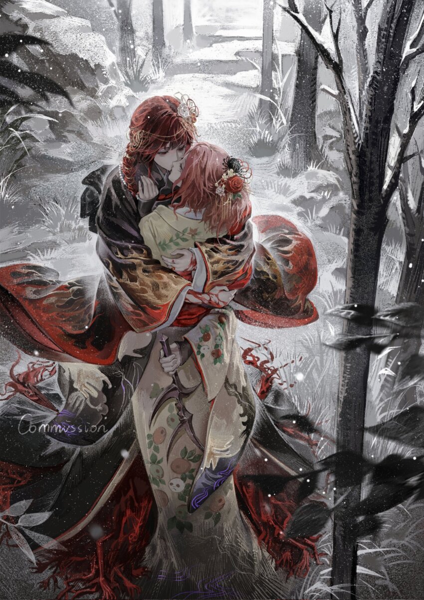 2girls, elden_ring, forest, from_above, hair_ornament, highres, holding, holding_behind_back