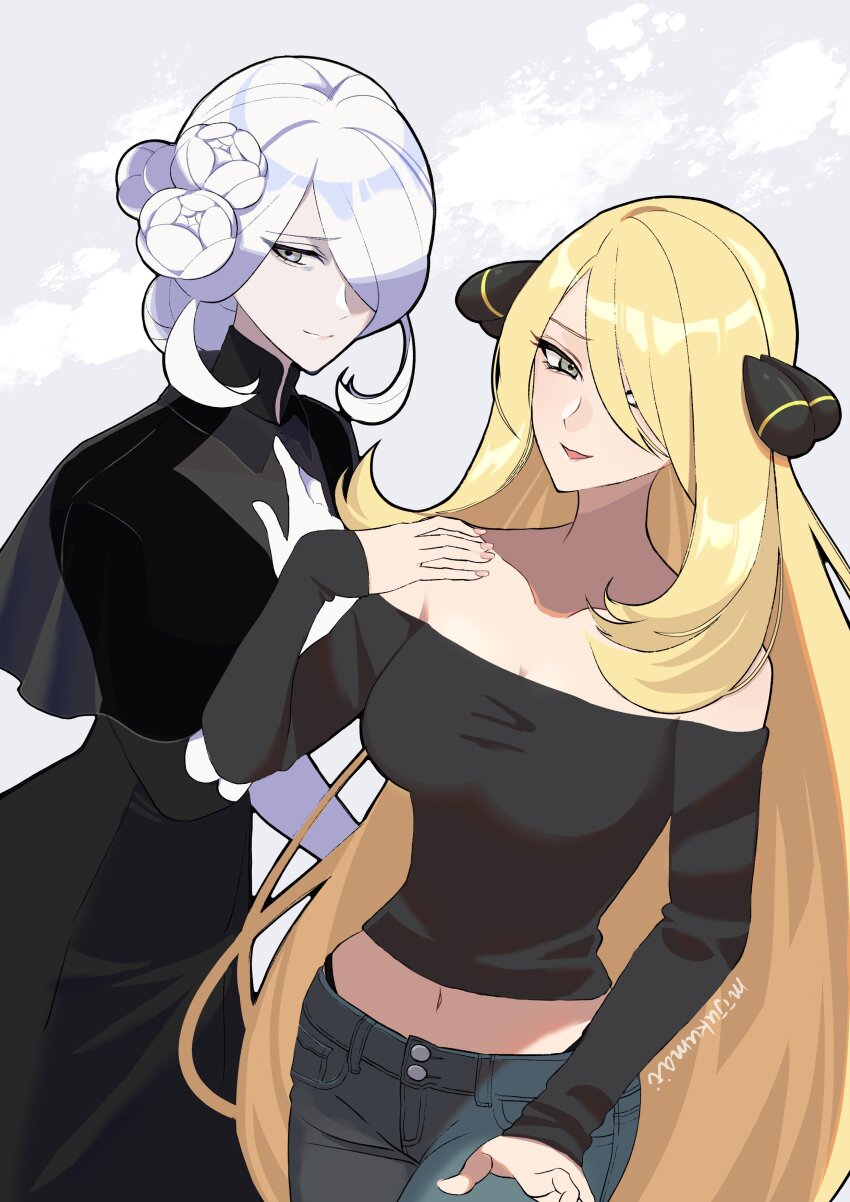 2girls, absurdres, black_dress, black_shirt, blonde_hair, blue_pants, cogita_(pokemon), cynthia_(pokemon), denim, dress, grey_eyes, highres, jeans, long_sleeves, mijukuma, multiple_girls, nail_polish, navel, nintendo, off_shoulder, pants, pink_nails, pokemon, pokemon_diamond/pearl/platinum, pokemon_legends:_arceus, shirt, white_hair