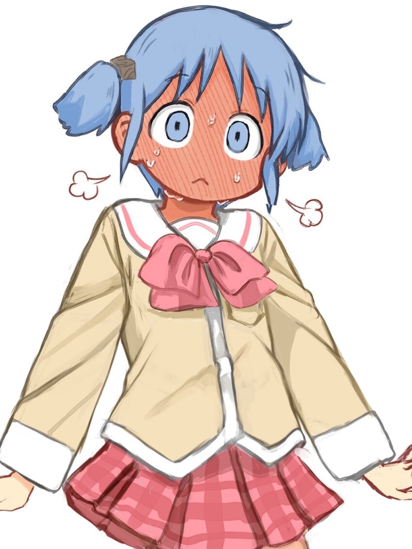 1girl, :<, a-pose, blue_eyes, blue_hair, blush, bow, bowtie