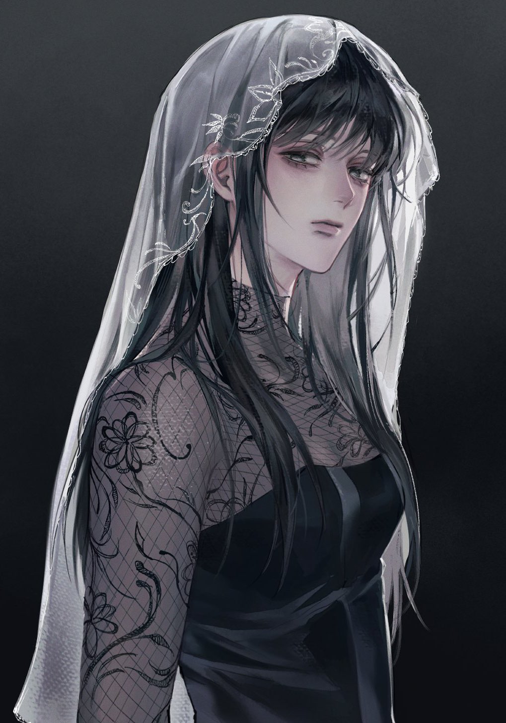 1girl, black_dress, black_hair, chhiii_o_o, dress, from_side, highres, long_hair, long_sleeves, looking_at_viewer, osaragi_(sakamoto_days), sakamoto_days, see-through_clothes, sideways_glance, simple_background, solo, veil