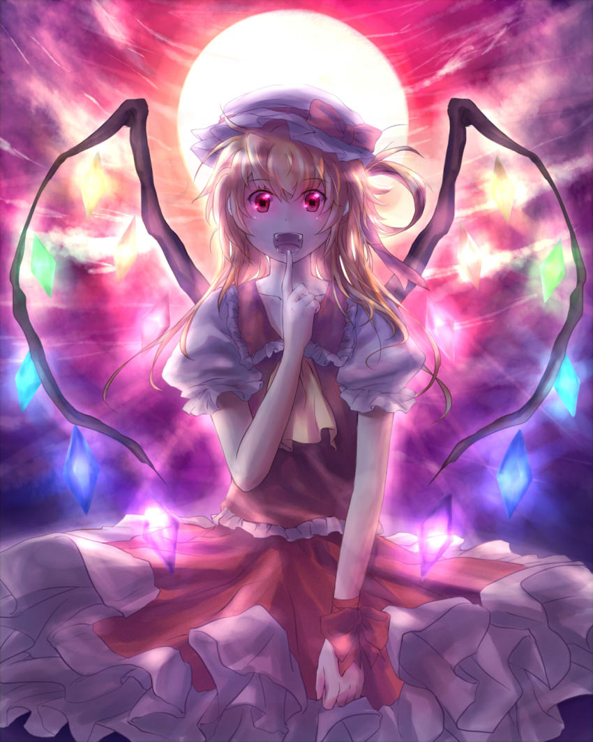 1girl, ascot, blonde_hair, bow, dress, embodiment_of_scarlet_devil, fang, female_focus