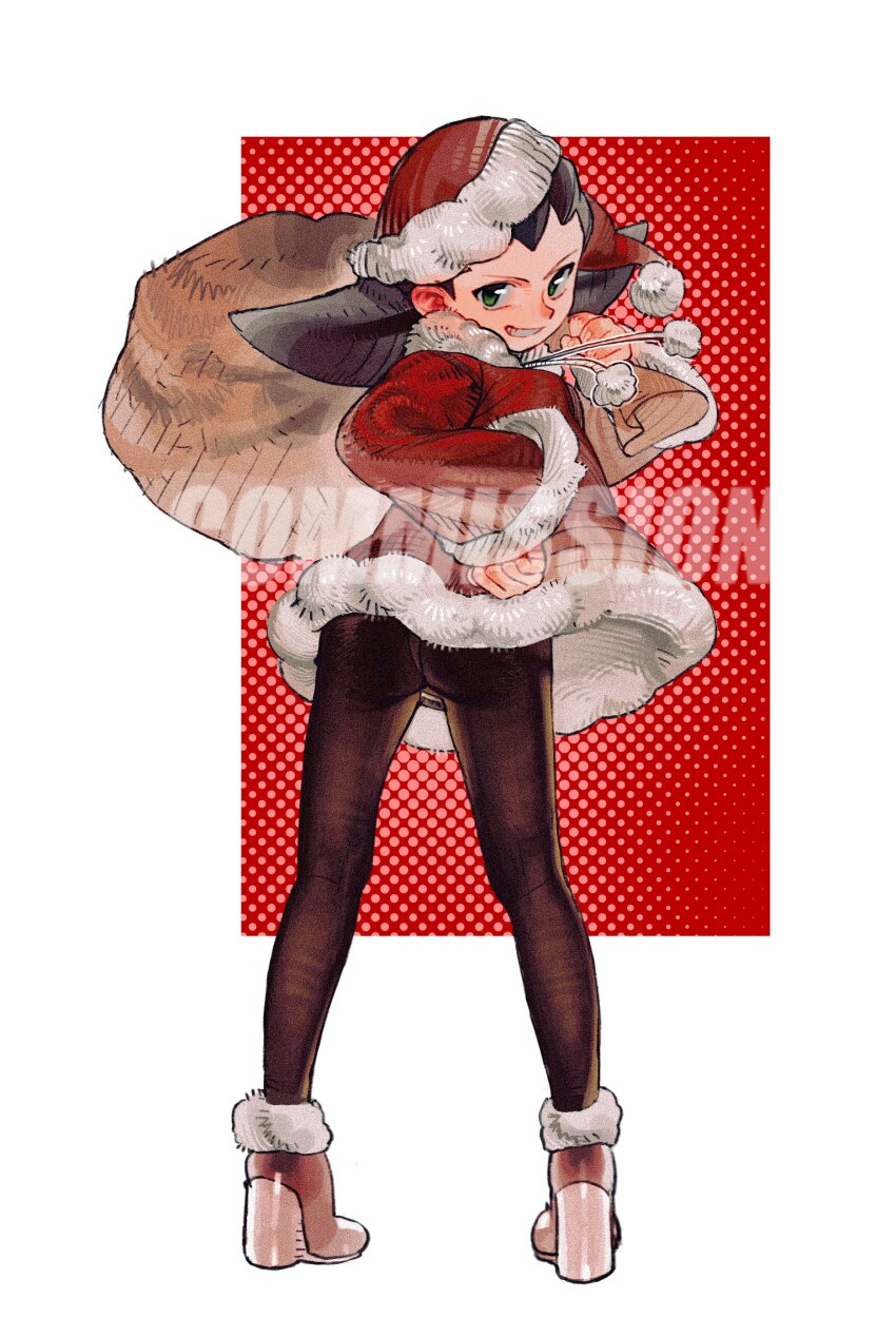 1girl, absurdres, ass, black_pantyhose, brown_hair, character_request, christmas, fur_trim