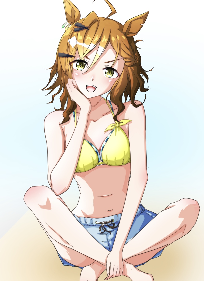 1girl, absurdres, ahoge, animal_ears, bare_shoulders, bikini, blush, breasts