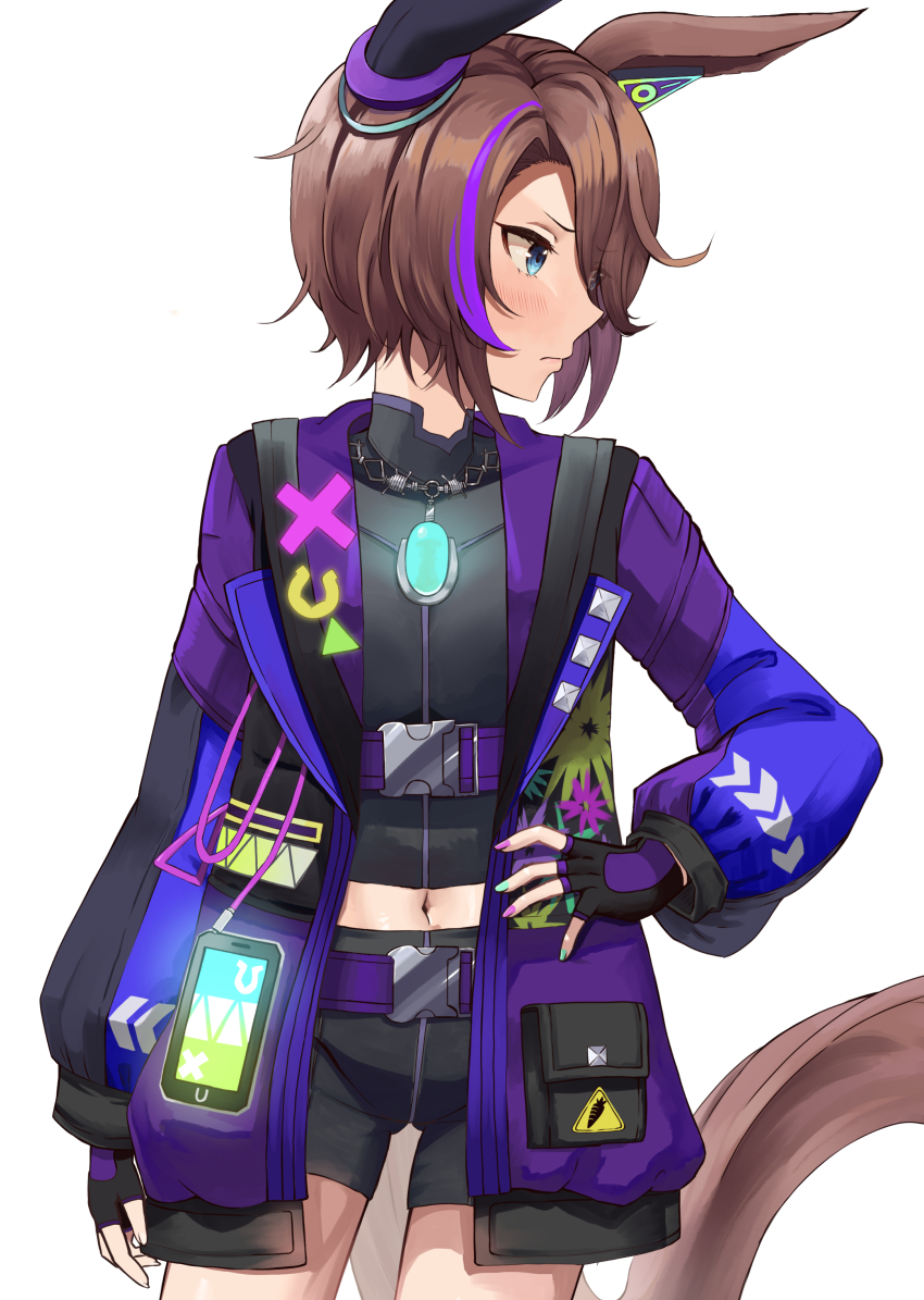 1girl, absurdres, animal_ears, belt, bike_shorts, black_gloves, black_shorts, blue_eyes