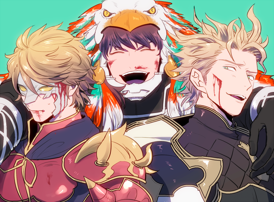 3boys, animal_costume, armor, blonde_hair, blood, blood_on_face, blue_eyes, brown_hair
