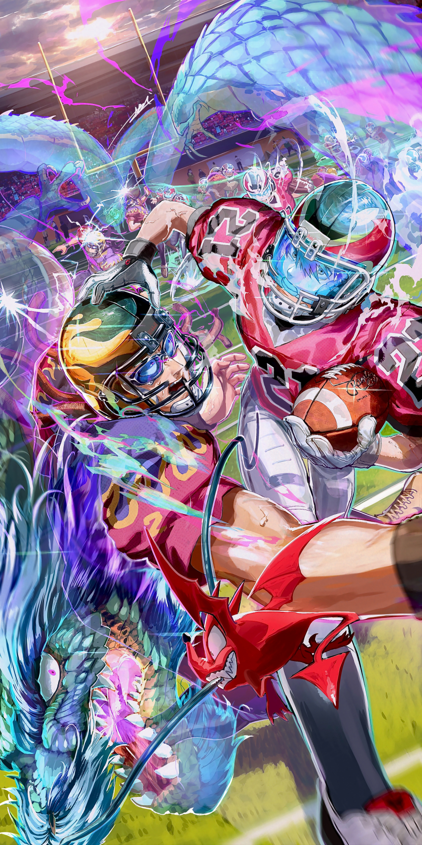 6+boys, absurdres, afterimage, american_football, american_football_(object), american_football_helmet, american_football_uniform, aura