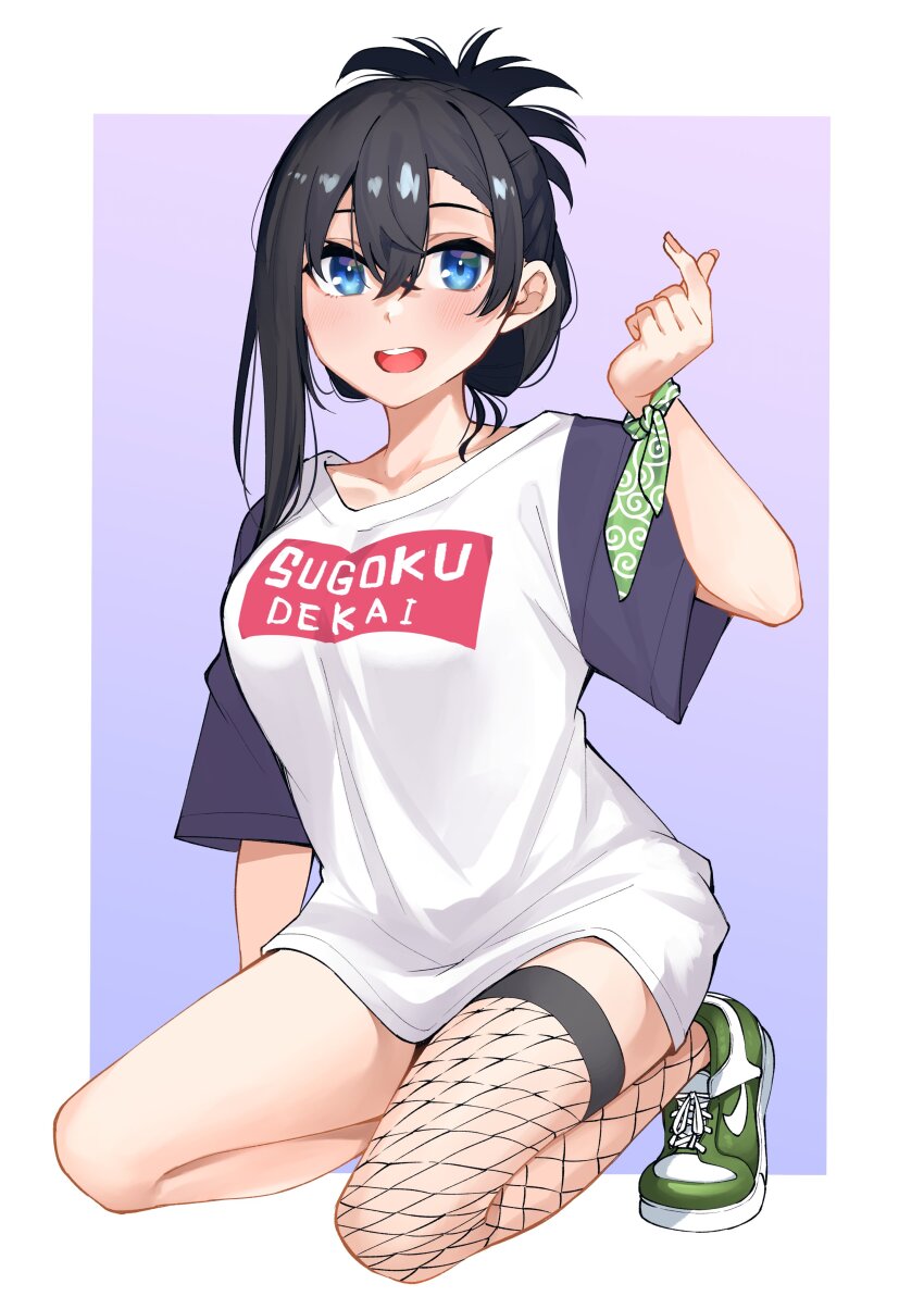 1girl, absurdres, black_hair, black_sleeves, blue_eyes, border, breasts, clothes_writing