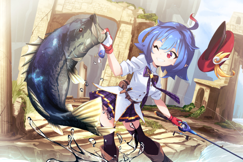 1girl, angel's_sword, bass_(fish), bow, commentary, english_commentary, fingerless_gloves, fish, fishing_rod, gloves, hat, highres, holding, holding_fishing_rod, leaflit_mitsuha, one_eye_closed, pointy_ears, red_eyes, red_hat, schatten, shirt, short_hair, smile, splashing, virtual_youtuber, white_shirt