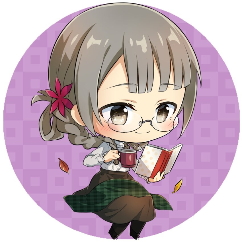 1girl, black_footwear, blunt_bangs, blush, book, braid, brown_eyes, brown_hair, brown_skirt, chibi, circle, closed_mouth, coffee_mug, cup, eda_udon, flower, full_body, glasses, grey_hair, hair_flower, hair_ornament, hair_rings, hanamoto_yoshika, highres, holding, holding_book, holding_cup, leaf, long_hair, long_skirt, long_sleeves, mug, nogi_wakaba_wa_yuusha_de_aru, open_book, pantyhose, purple_background, reading, round_border, shirt, sitting, skirt, smile, solo, twin_braids, unmoving_pattern, white_shirt, yuusha_de_aru