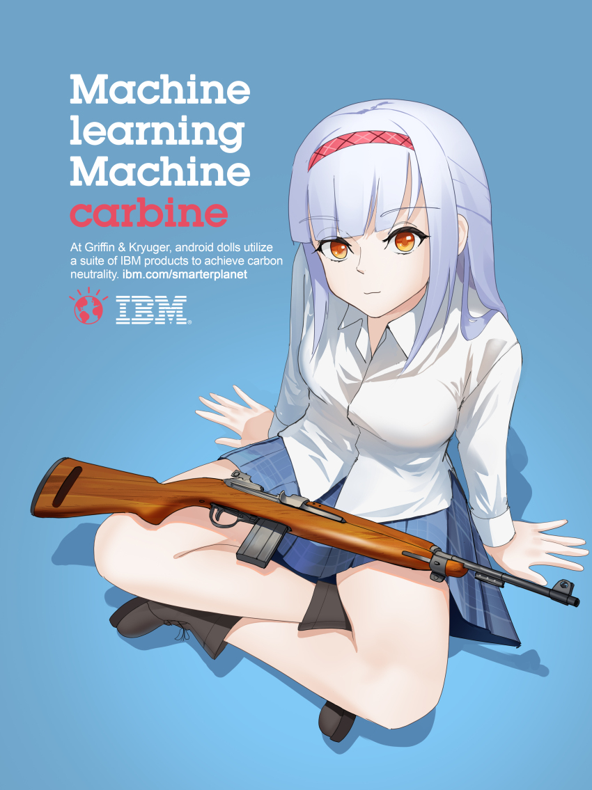 1girl, absurdres, blue_skirt, blunt_bangs, breasts, collared_shirt, gewehrbroker, girls'_frontline