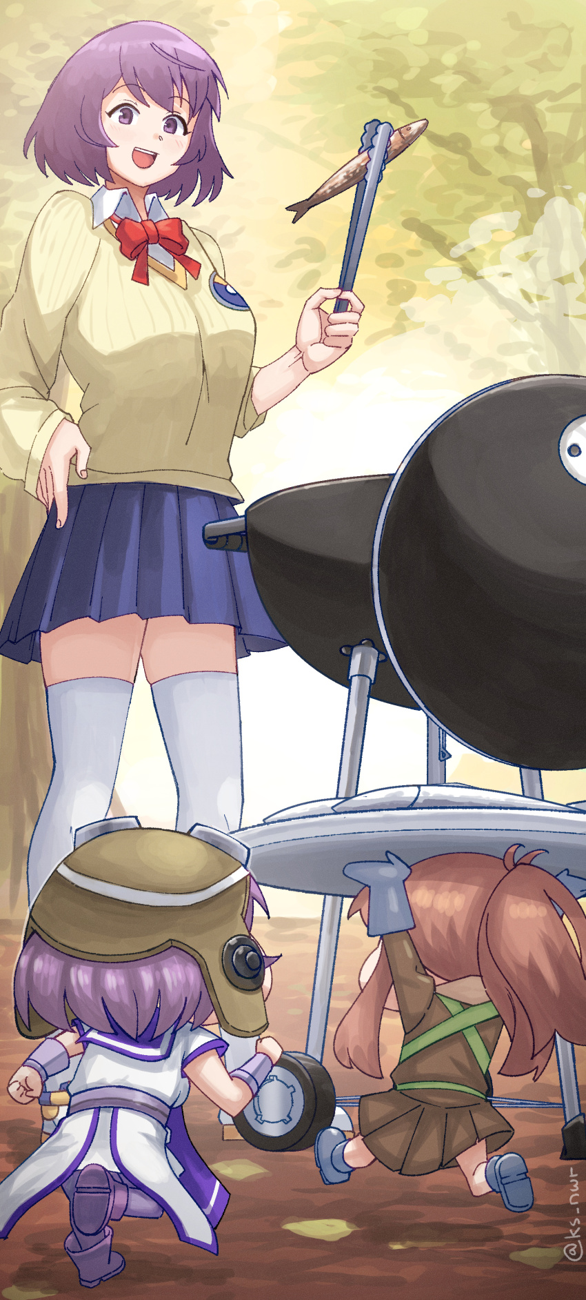 3girls, absurdres, alternate_costume, blue_skirt, blush, bow, bowtie, breasts