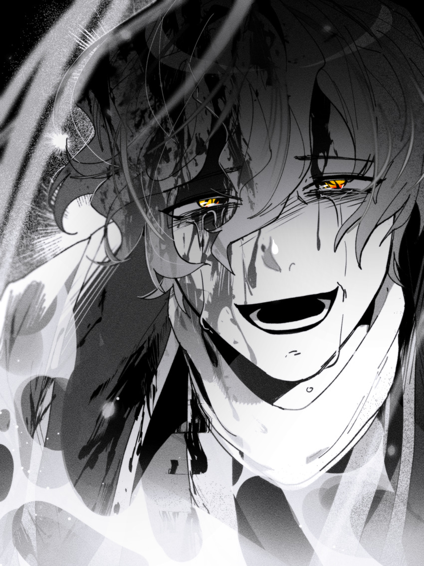 1boy, blood_from_forehead, blood, blood_in_hair, blood_on_clothes, blood_on_face, commentary_request, crying, crying_with_eyes_open, greyscale, hair_between_eyes, highres, jjeom, korean_commentary, looking_at_viewer, lower_teeth_only, male_focus, monochrome, open_mouth, portrait, saibou_shinkyoku, short_hair, smile, solo, spoilers, spot_color, tears, teeth, utsugi_noriyuki, yellow_eyes