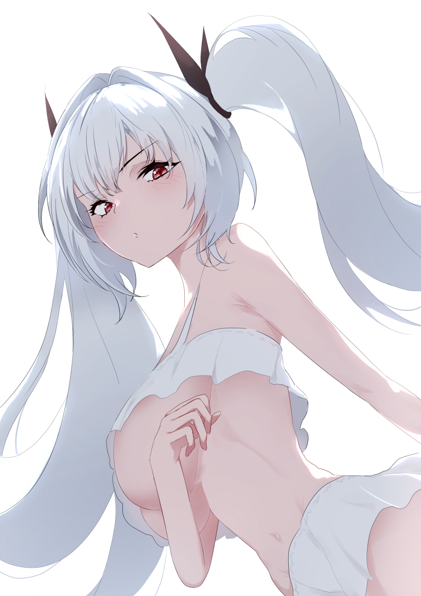 1girl, absurdres, alternate_breast_size, alternate_costume, breasts, cross-shaped_pupils, dutch_angle, from_below