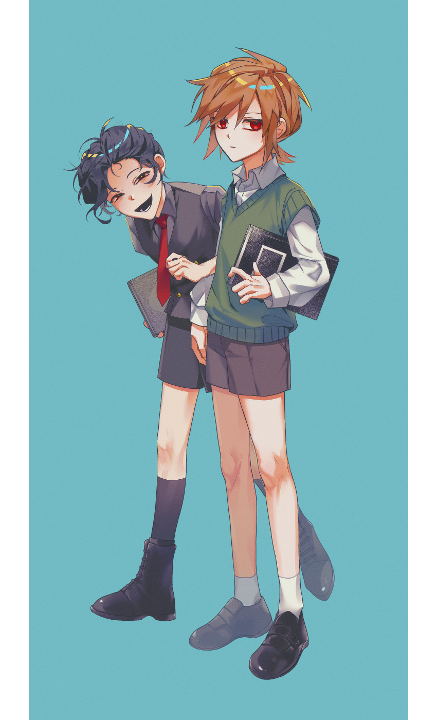 2boys, absurdres, adapted_costume, aged_down, aqua_background, black_eyes, black_hair, black_shirt