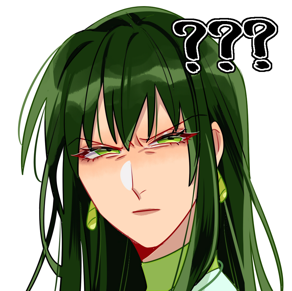 1girl, ?, ??, angry, closed_mouth, commentary_request, earrings, green_eyes